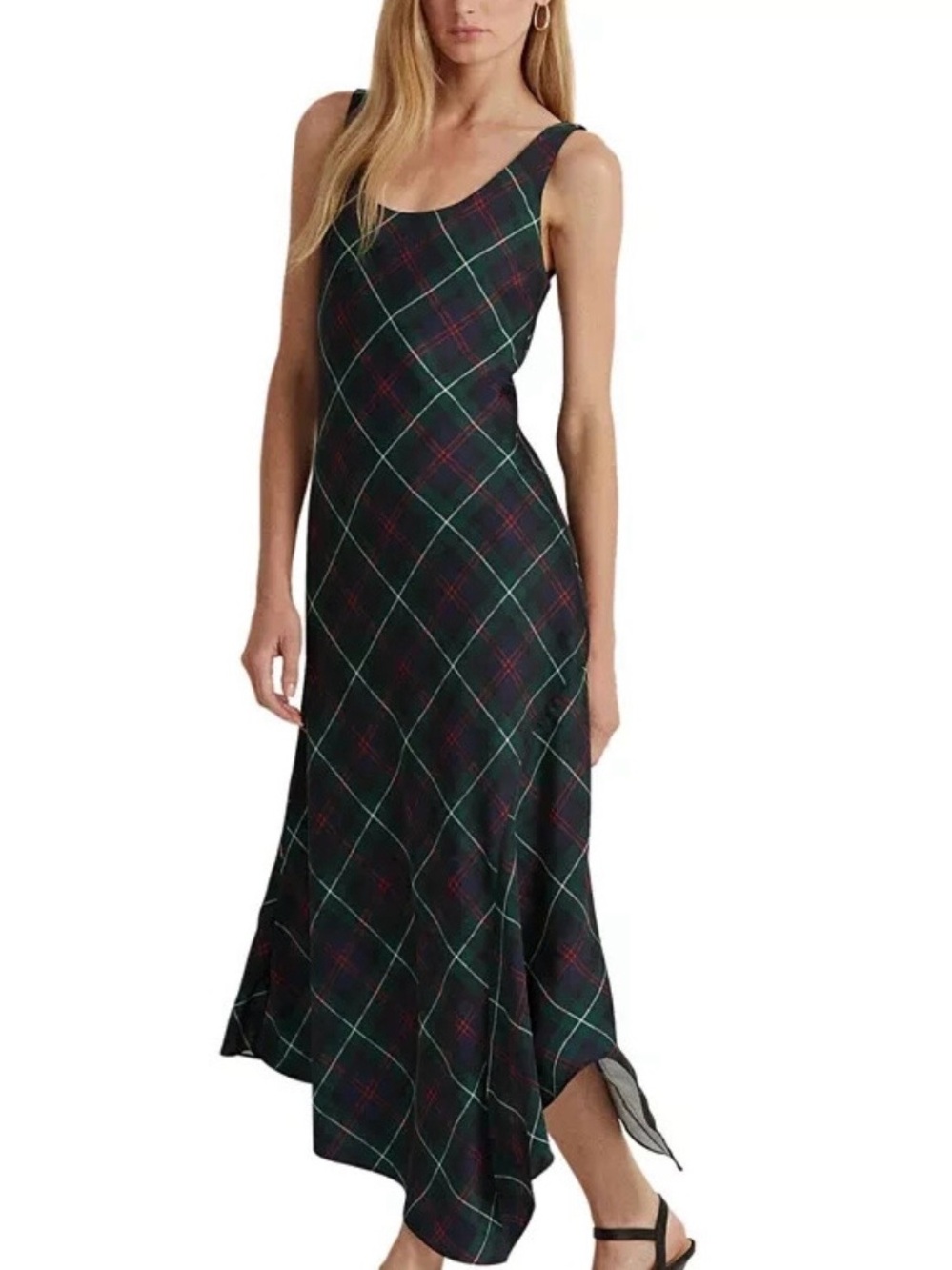 Lauren Ralph Lauren Tartan Plaid Satin Charmeuse Asymmetrical Midi Slip Dress